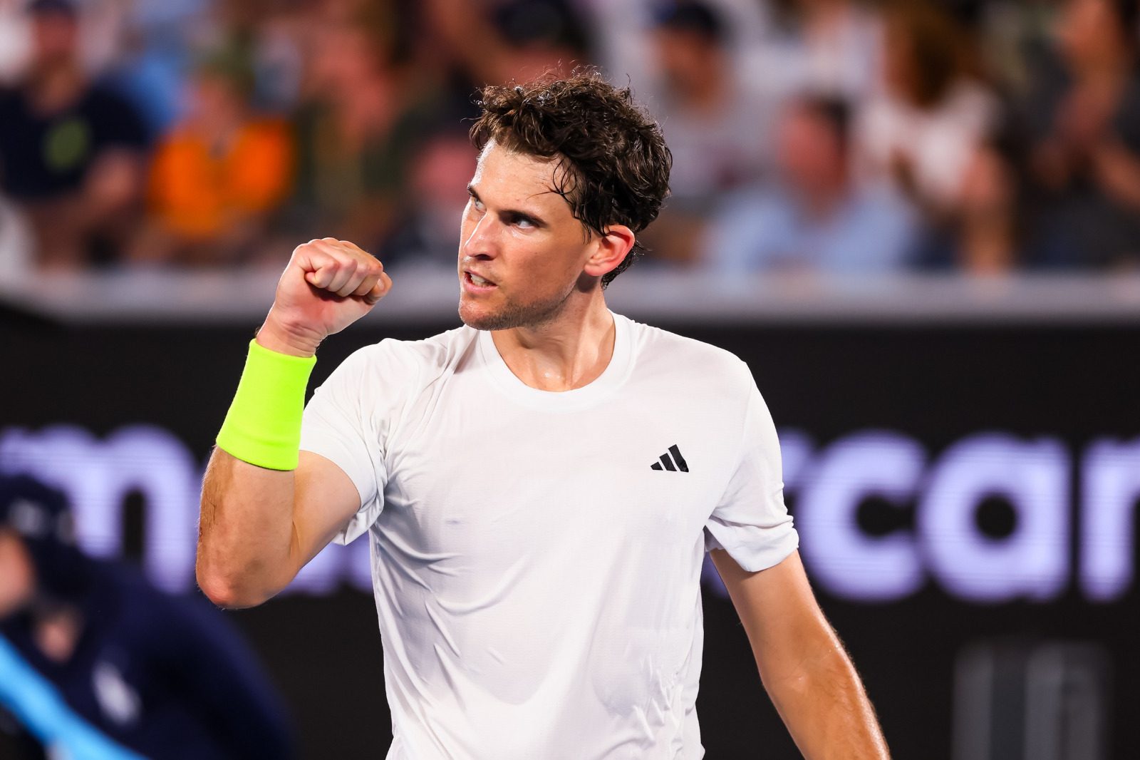 elbourne, Victoria, Australia; Dominic Thiem of Austria wins a point against Felix Auger Aliassime (not pictured) of Canada in Round 1 of the Men's Singles on Day 2 of the Australian Open tennis at Rod Laver Arena